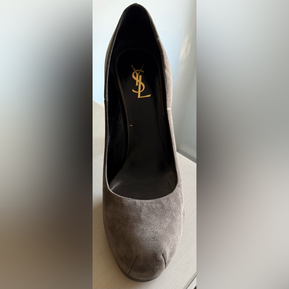 YSL Tribute Two Grey Suede Platform Pump